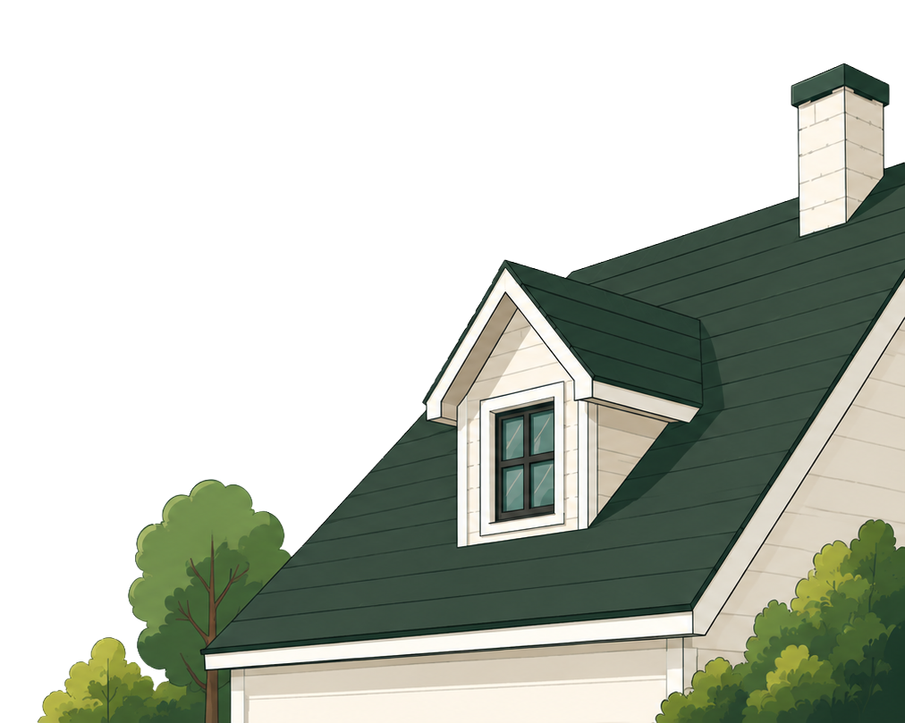 Close-up of a residential house roof with green shingles and dormer window